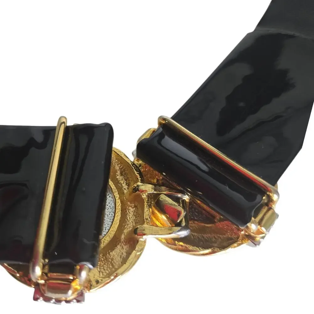 Vintage Black Patent Buckle Belt Pearl Mixed Metal Medallion Ornate 90s One Size
